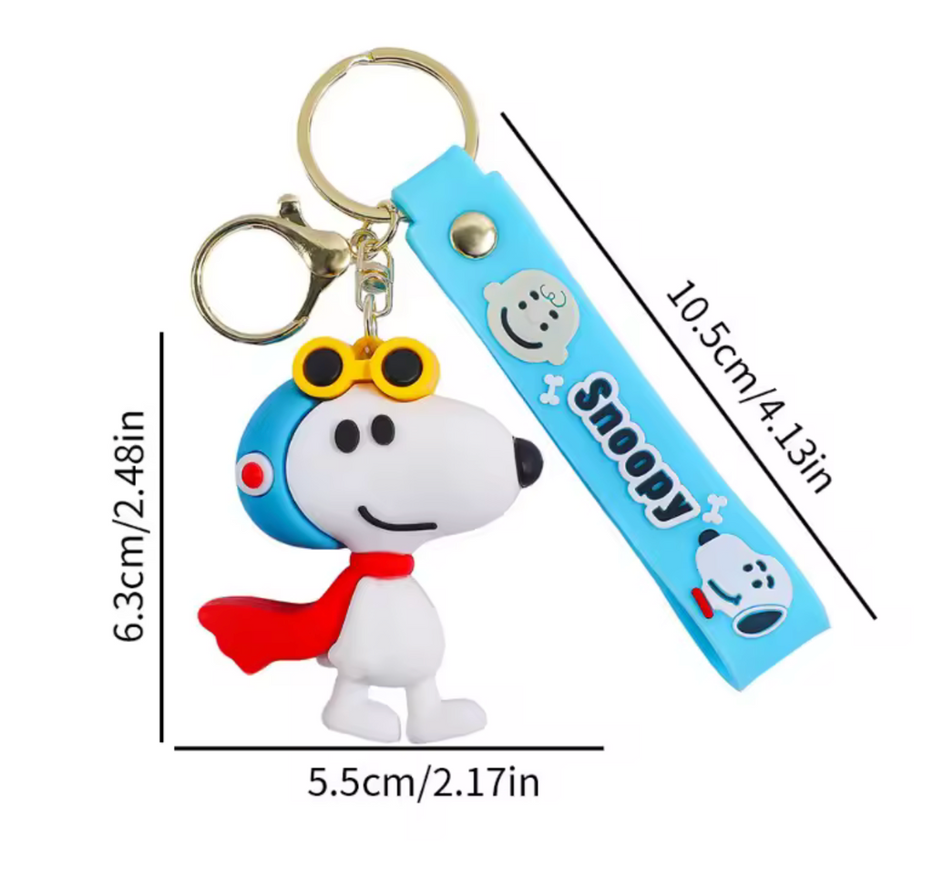 Snoopy pilot keychain dimensions 6.3cm tall 5.5cm wide with 10.5cm blue wrist strap