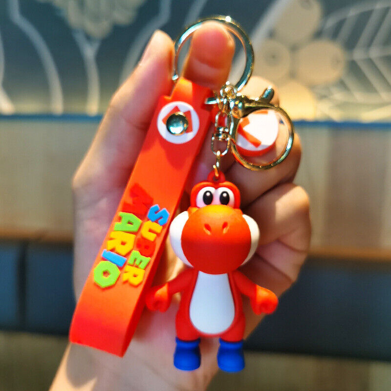 Orange Yoshi Super Mario 3D PVC figure keychain with orange Super Mario wrist strap