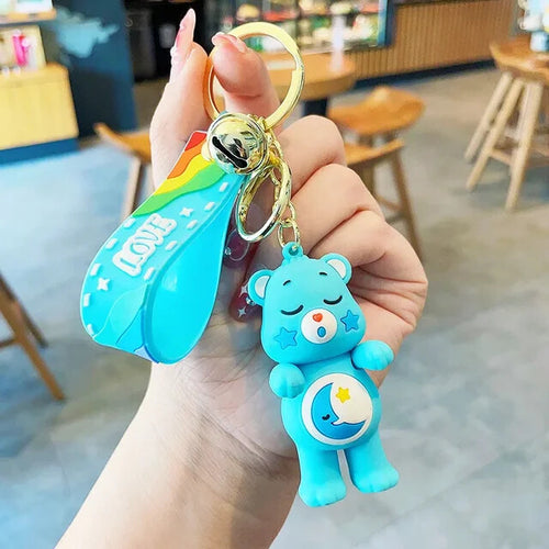 Care Bears Bedtime Bear blue keychain with rainbow wrist strap and gold bell