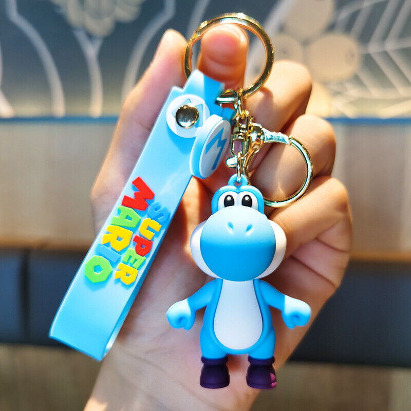 Blue Yoshi Super Mario 3D PVC figure keychain with blue Super Mario wrist strap