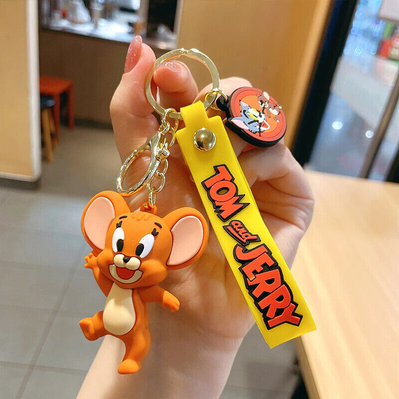 Jerry from Tom & Jerry standing 3D rubber keychain with yellow Tom and Jerry wristlet strap and gold-tone lobster clasp