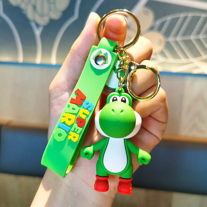 Green Yoshi Super Mario 3D PVC figure keychain with green Super Mario wrist strap