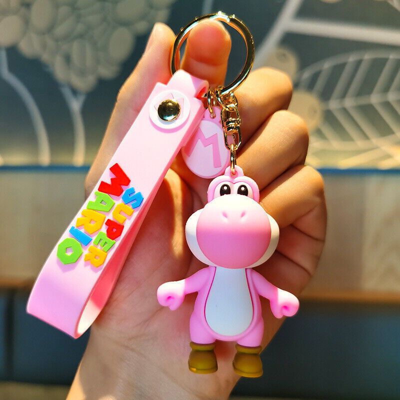 Pink Yoshi Super Mario 3D PVC figure keychain with pink Super Mario wrist strap