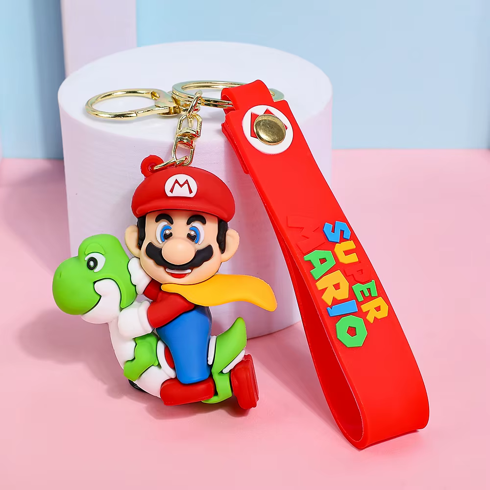 Bowser Super Mario 3D PVC figure keychain with yellow Super Mario branded wrist strap
