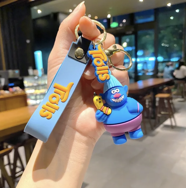 Blue Trolls character keychain with blue silicone strap