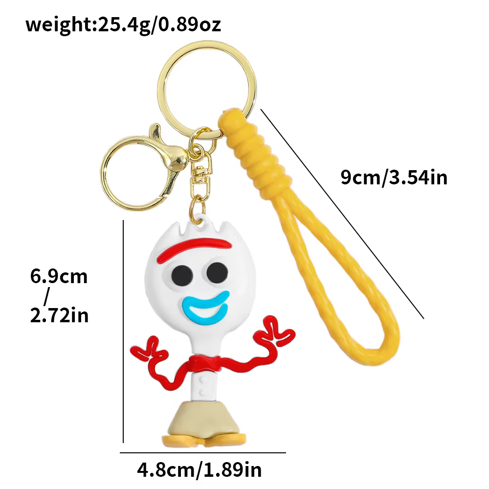 Toy Story Forky keyring dimensions: 6.9cm tall, 4.8cm wide, 9cm wristlet, weight 25.4g