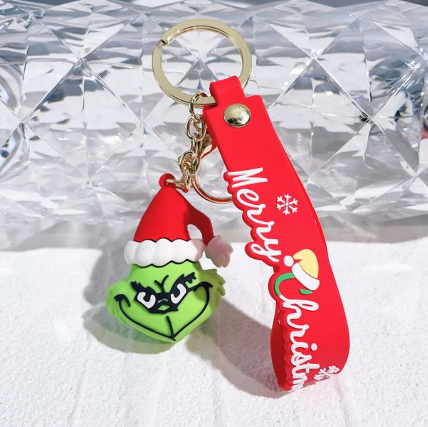 The Grinch Christmas 3D PVC figure keychain with red Merry Christmas wrist strap