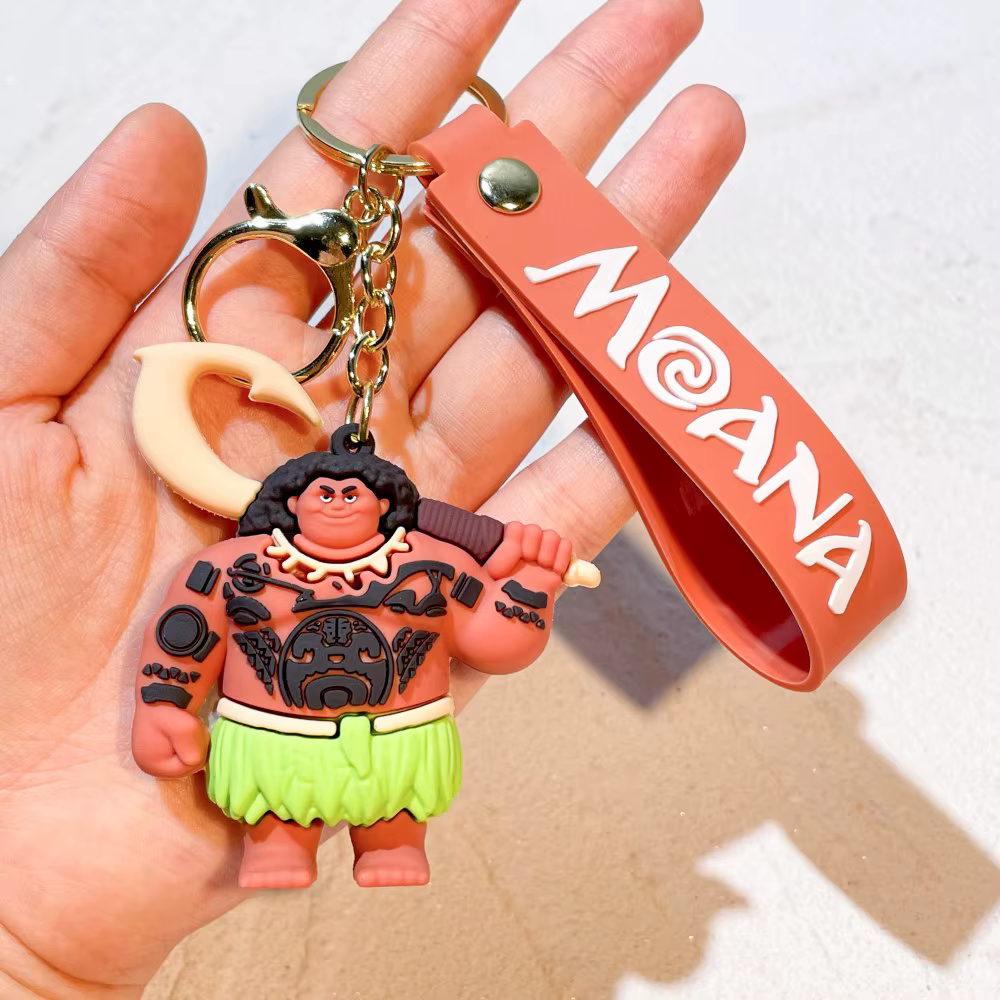 Disney Moana Maui 3D PVC keychain with orange Moana wristlet strap and gold-tone lobster clasp