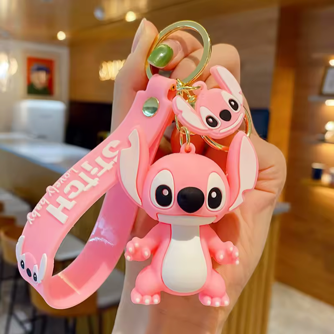 Angel from Lilo & Stitch pink 3D rubber keychain with pink Stitch wristlet strap and gold-tone lobster clasp