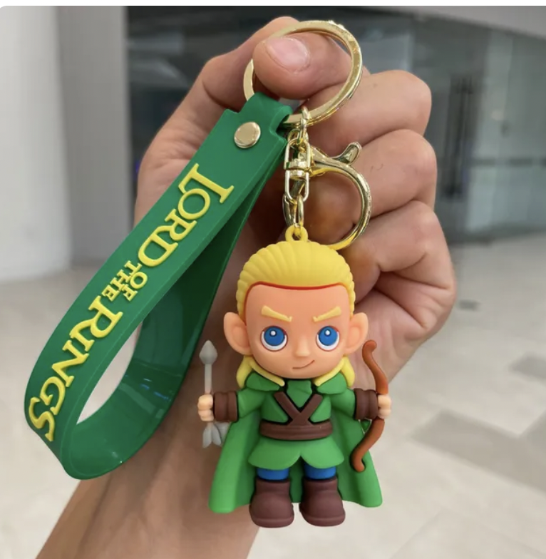 Lord of the Rings Legolas chibi keychain with green branded wrist strap and bow and arrow
