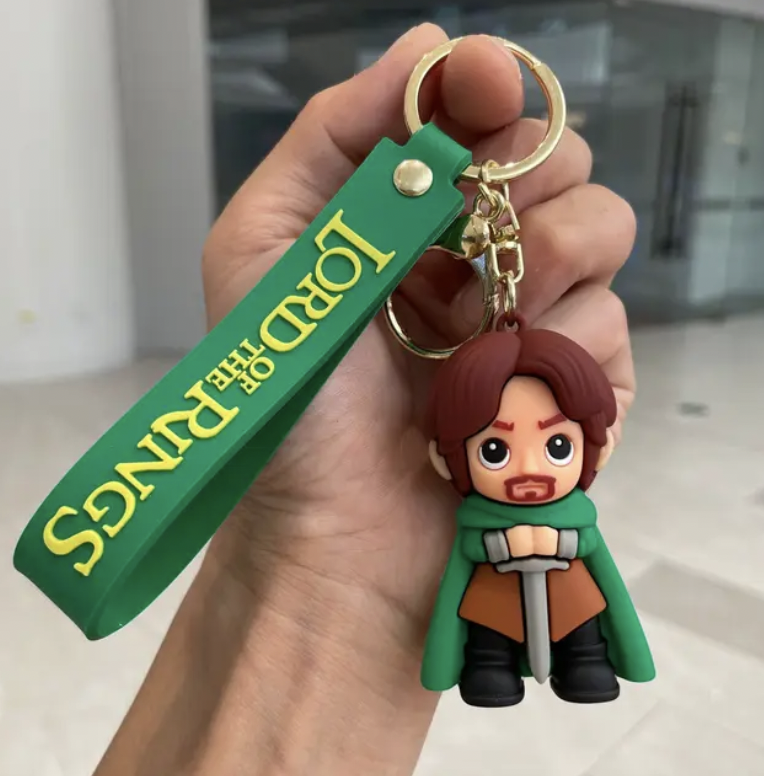 Lord of the Rings Aragorn chibi keychain with green branded wrist strap and sword