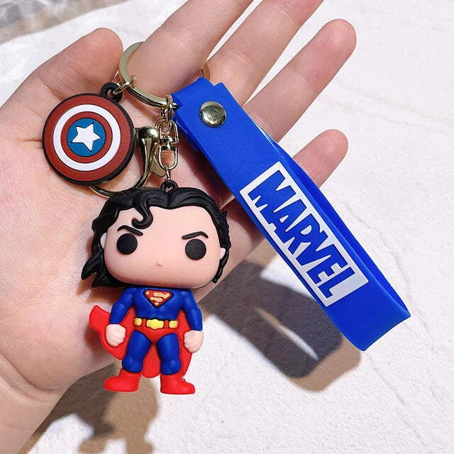 Superman chibi PVC keychain with Captain America shield charm and Marvel blue wrist strap